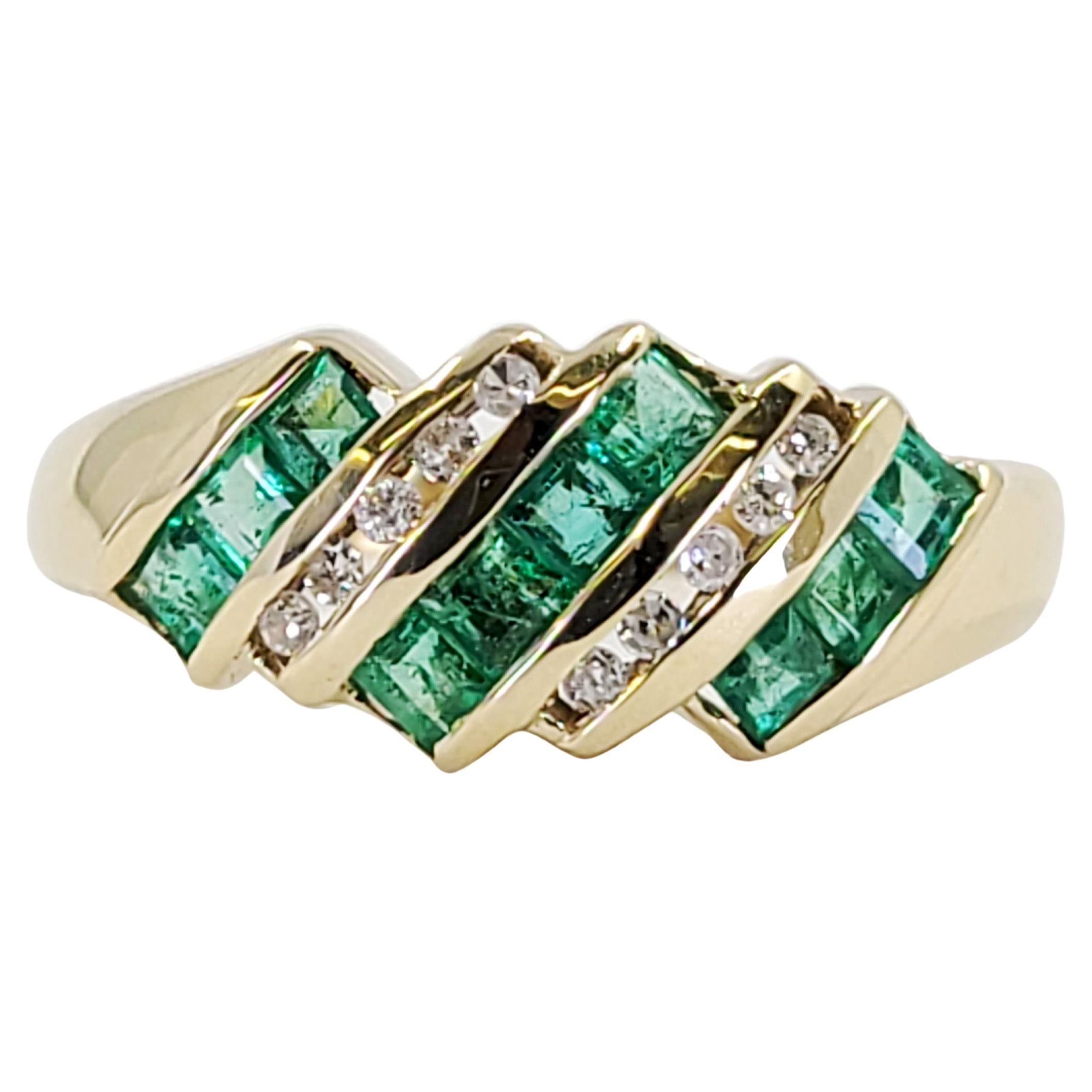Yellow Gold Curved Emerald and Diamond Channel Band