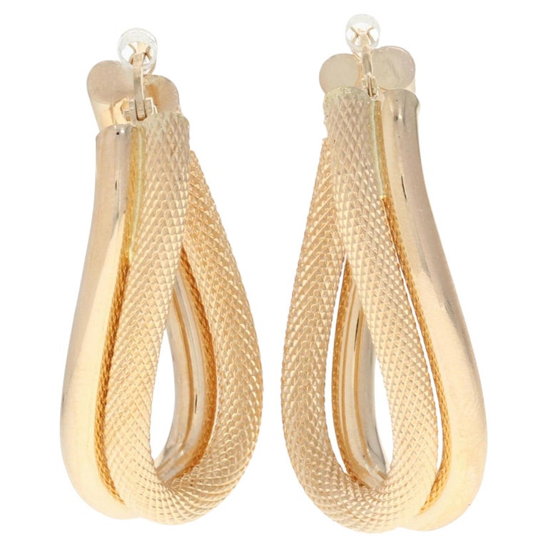 Yellow Gold Curved Hoop Earrings, 14k Textured Pierced Snap Closures