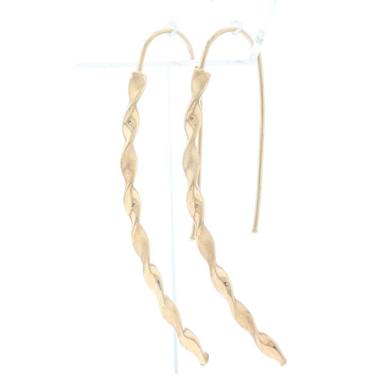 Metal Content: 14k Yellow Gold  

Style: Drop 
Fastening Type: Fishhook Closures 
Theme: Curved Spiral / Cascading Ribbon 
Features: Brushed & Smooth Finishes

Measurements: 
Tall: 2 7/32