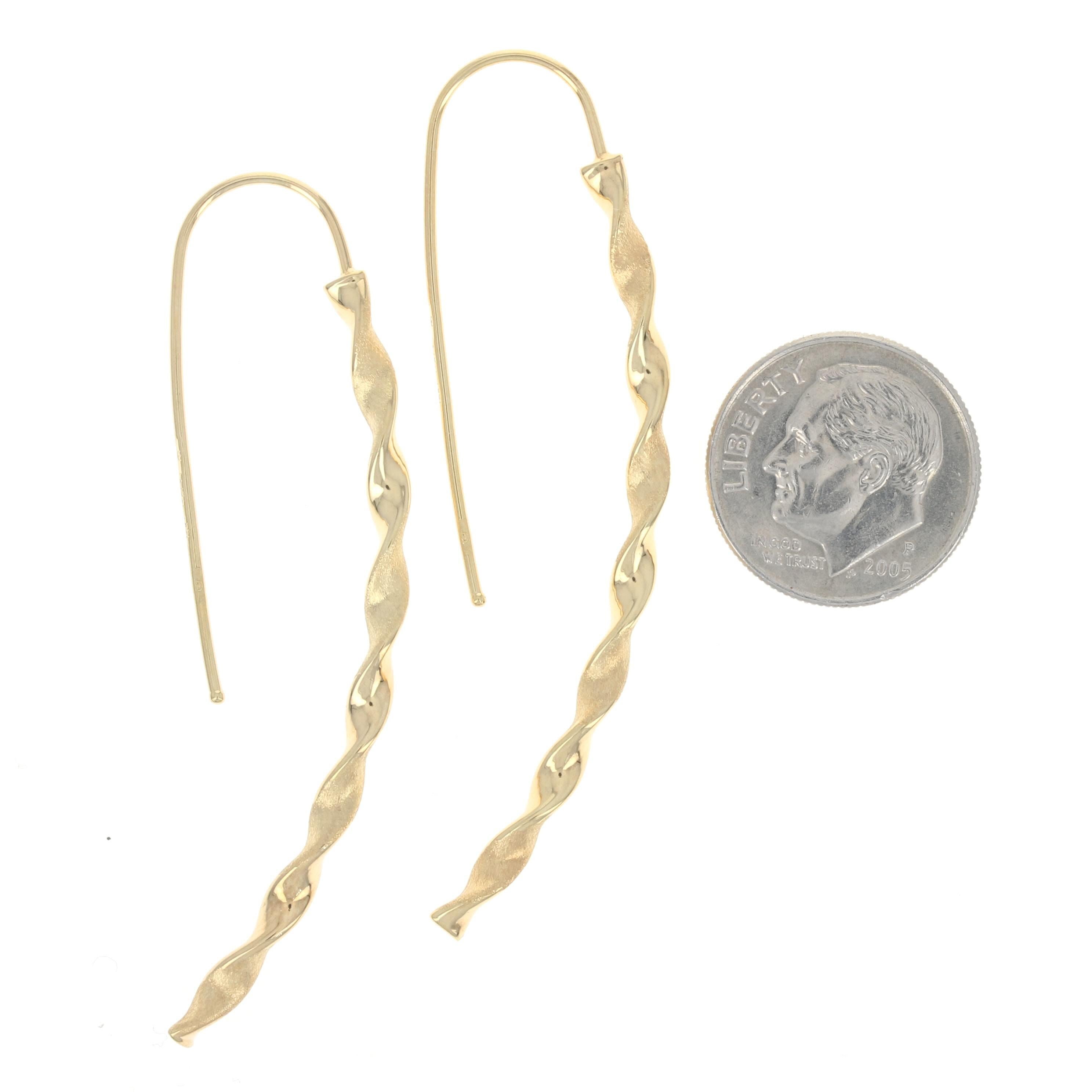 Yellow Gold Curved Spiral Line Drop Earrings, 14k Cascading Ribbon Pierced In Excellent Condition In Greensboro, NC