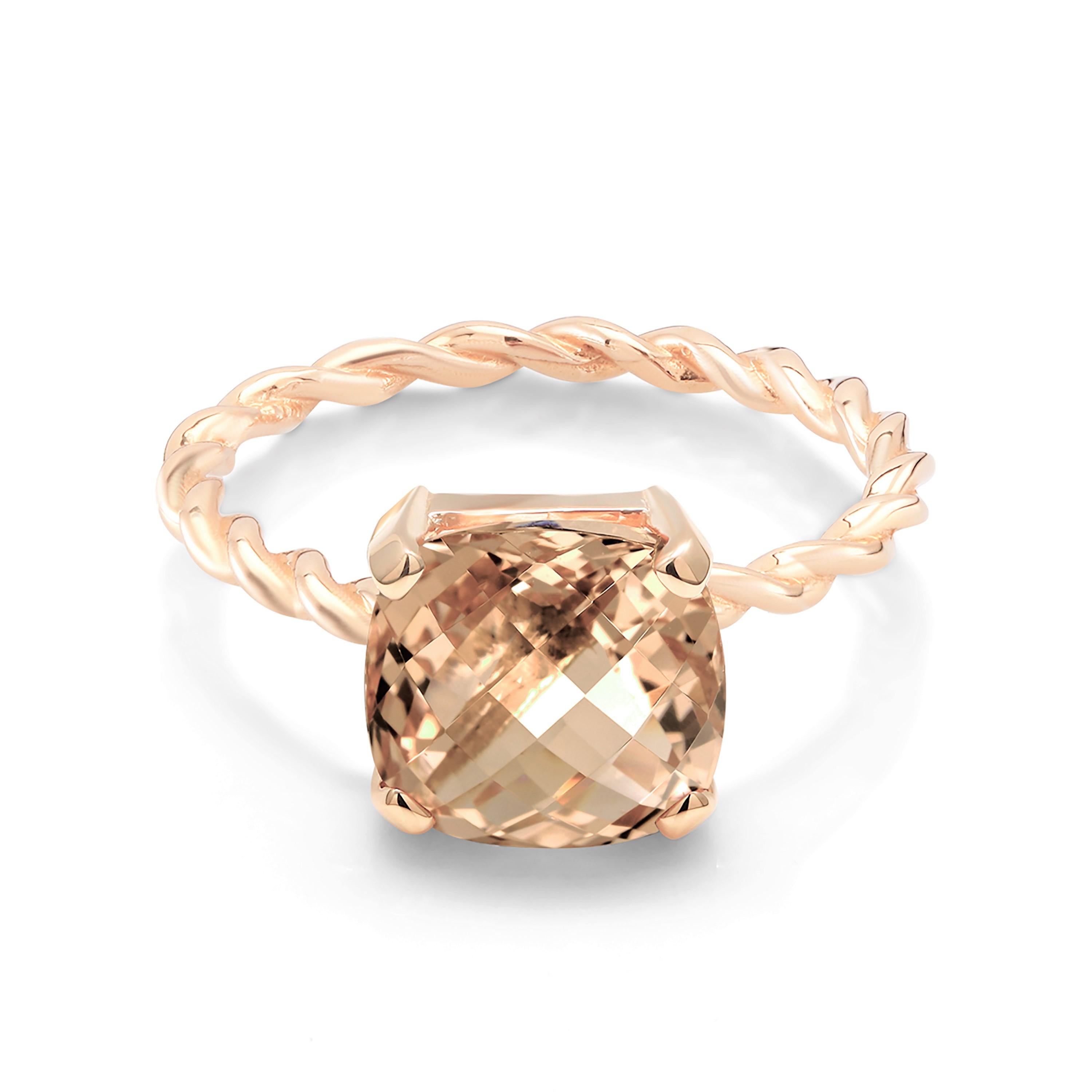 14k karats yellow gold braided cocktail ring 
Cushion shape morganite weighing 3.60 carat 
Ring finger size 6 In Stock
New Ring
The ring cannot be resized
Handmade in the USA
Our team of graduate gemologists carefully hand-select every diamond and