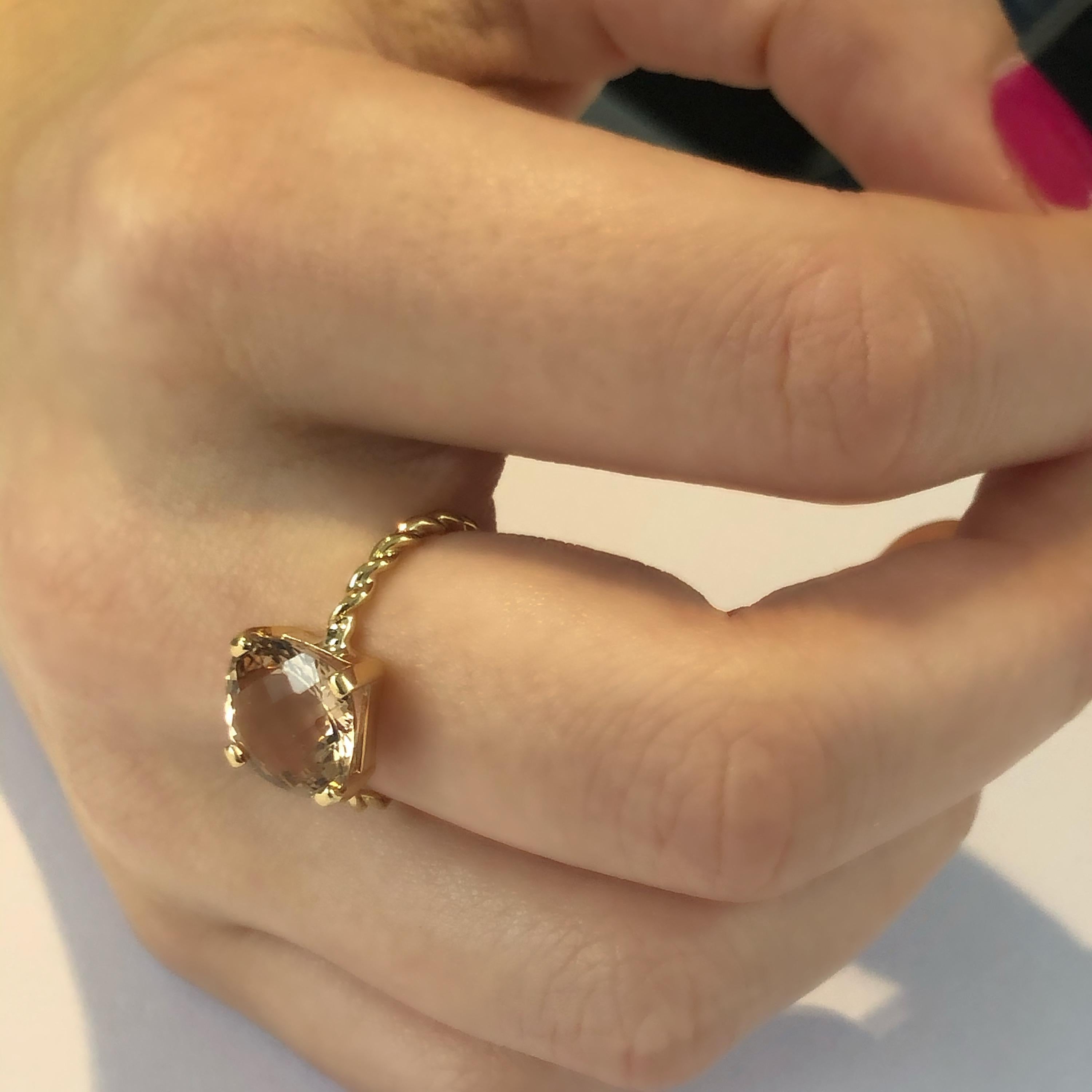 Contemporary Yellow Gold Cushion Shape Morganite Braided Cocktail Ring