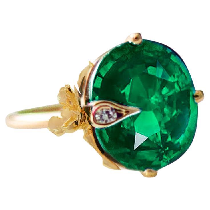 Yellow Gold Daffodil Floral Ring with Natural Oval Cut Emerald and Diamond For Sale
