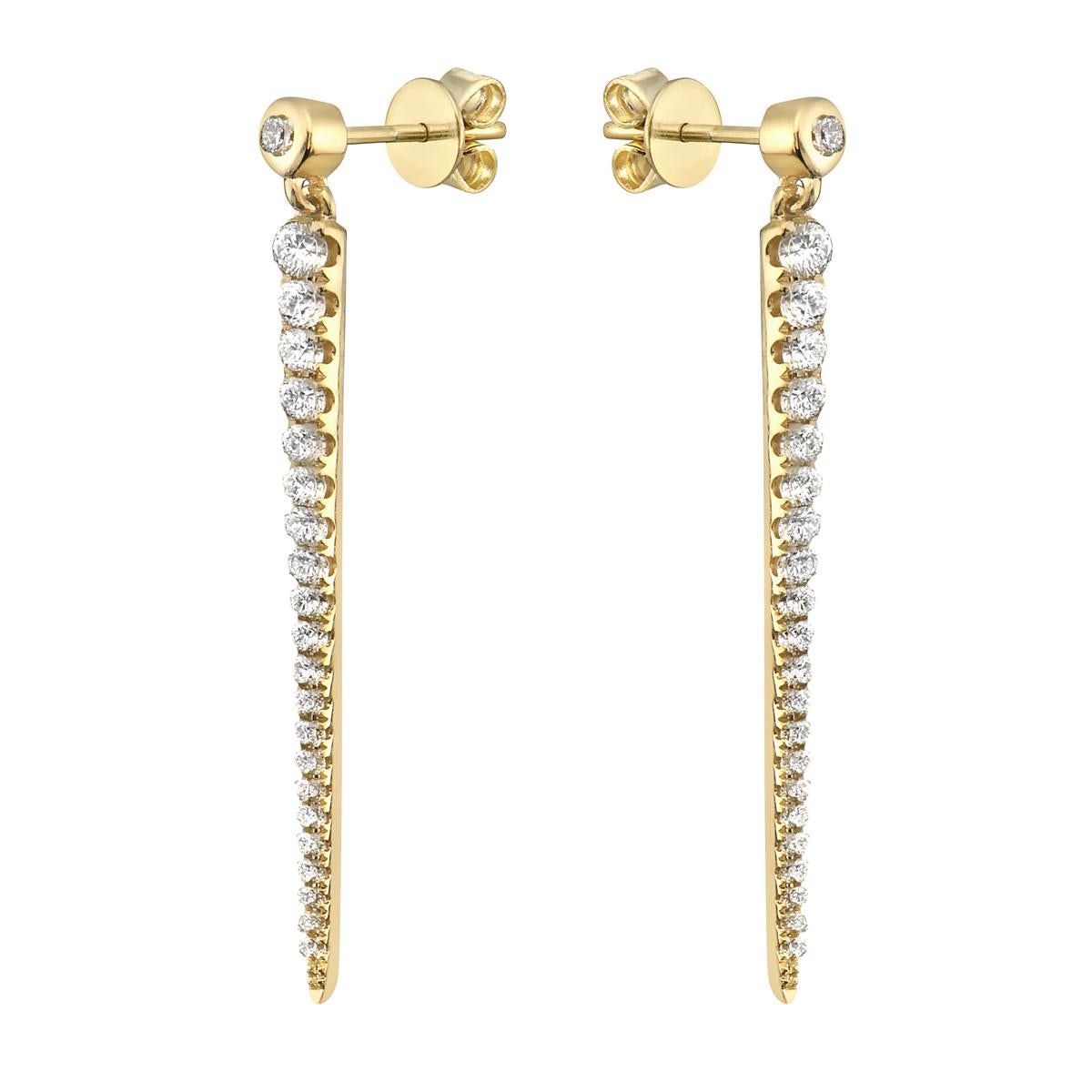With these exquisite yellow gold dangle diamond earrings, style and glamour are in the spotlight. These 14 karat yellow gold earrings are made from 2.2 grams of gold and is covered in 44 round SI1-SI2, GH color diamonds totaling 0.56ct.