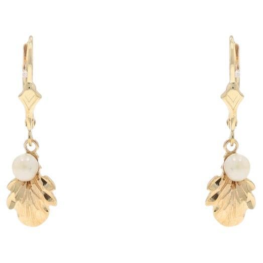 Yellow Gold Dangle Earrings - 14k Leaves Pierced For Sale