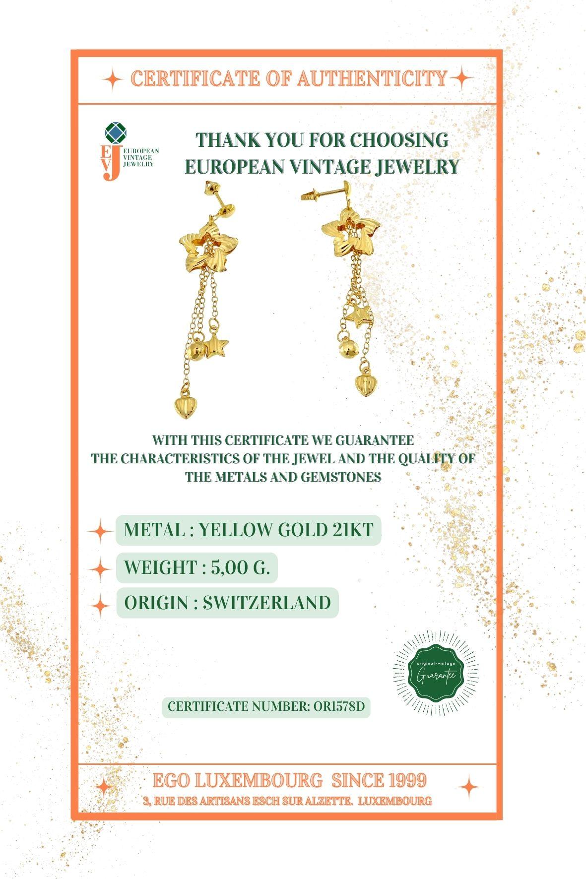 Yellow Gold Dangle Star Shaped Earrings For Sale 4