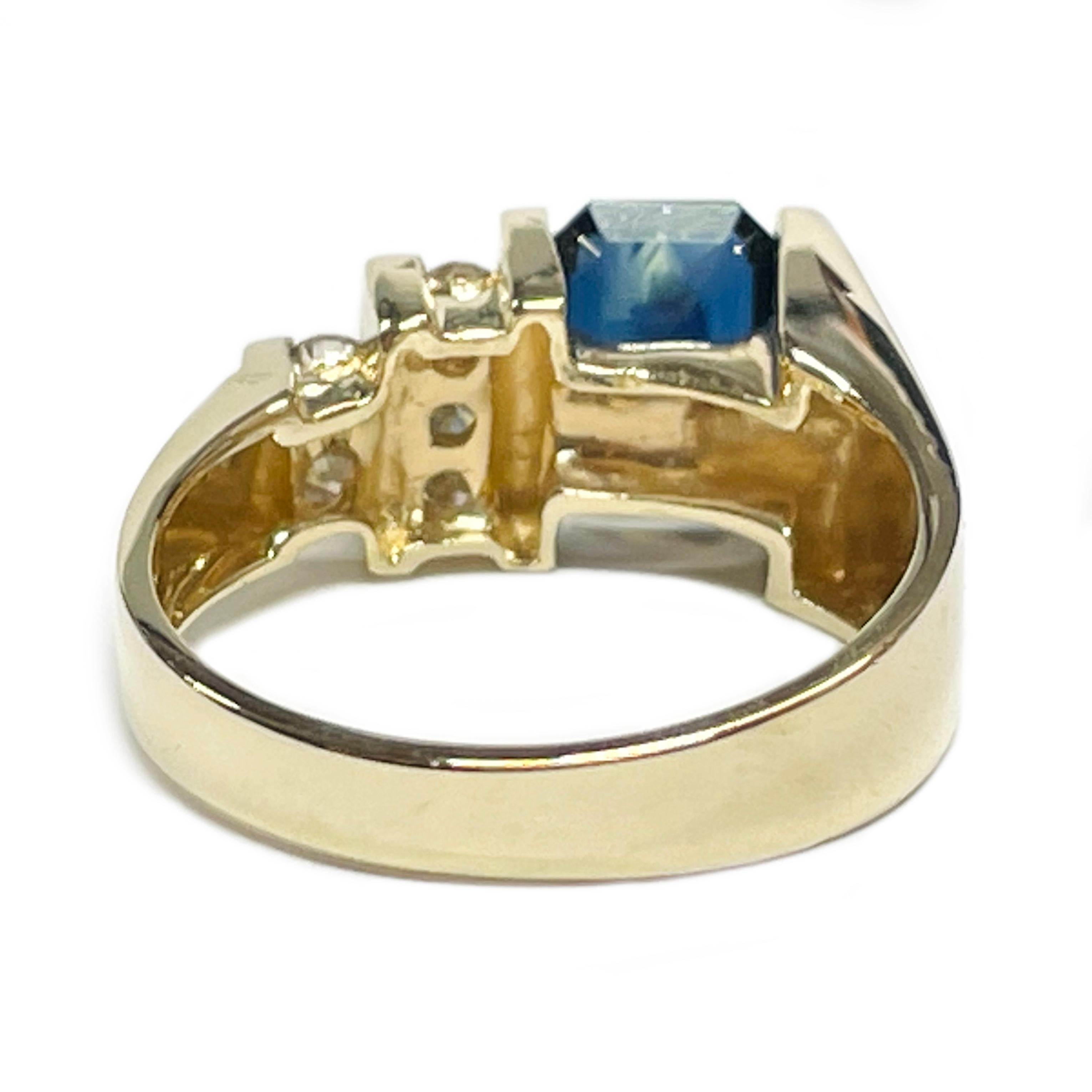 Retro Yellow Gold Dark Blue Sapphire Diamond Ring For Sale