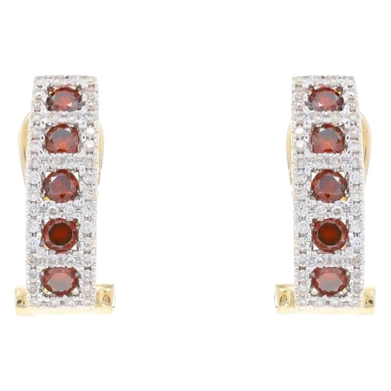 Boucles d'oreilles J-Hoop en or jaune et diamant orange foncé, 14 carats, traitées avec 1,10 ctw