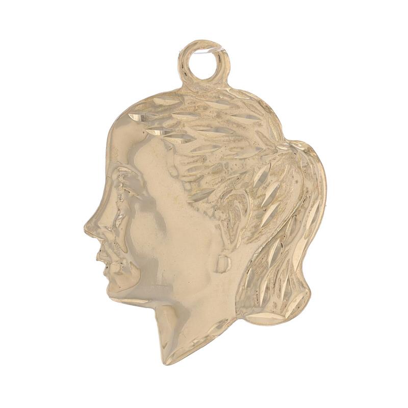 Metal Content: 14k Yellow Gold

Theme: Daughter, Little Girl
Features: Smoothly Finished with Etched Detailing

Measurements

Tall (from stationary bail): 7/8