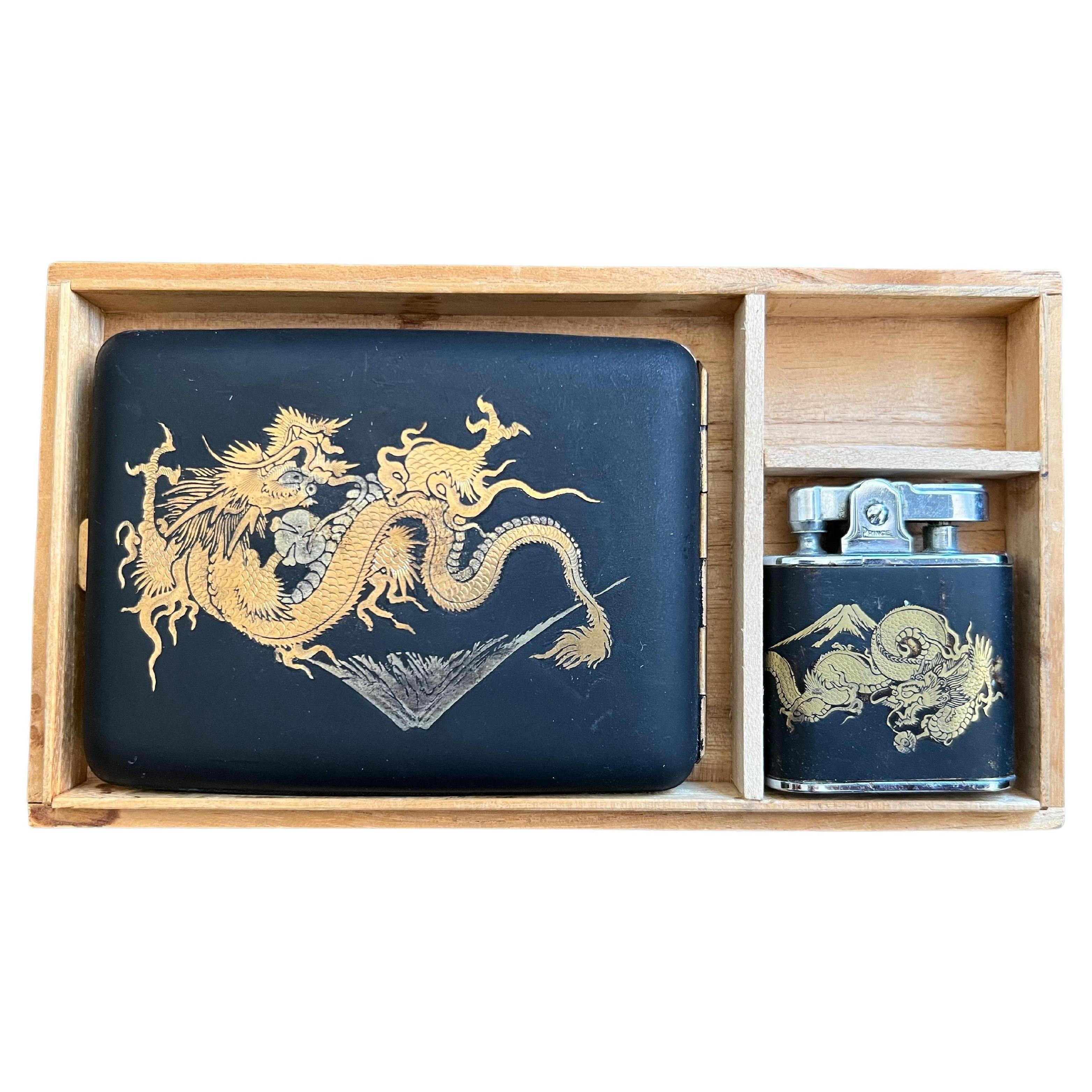 WWII Japanese Matching Komai Damascene Dragon STYLISH  Cigarette Case & Cigarette Lighter
Yellow Gold Decorated 24K
Japanese Komai Style Cigarette Case & Lighter Set Meiji Period
This antique Japanese cigarette case is signed and dates to