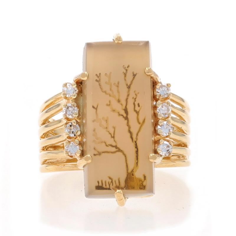 Size: 8 3/4
Sizing Fee: Up 2 sizes for $60 or Down 1 size for $40

Era: Vintage

Metal Content: 14k Yellow Gold

Stone Information
Natural Dendritic Agate
Size: 17.8mm x 8mm

Natural Diamonds
Carat(s): .16ctw
Cut: Single
Color: H - I
Clarity: VS2 -