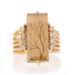 Yellow Gold Dendritic Agate & Diamond Vintage Tree Ring - 14k .16ctw Nature