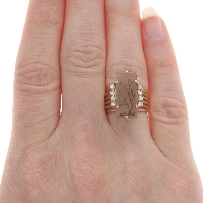 Single Cut Yellow Gold Dendritic Agate & Diamond Vintage Tree Ring - 14k .16ctw Nature For Sale