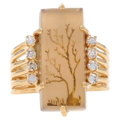 Yellow Gold Dendritic Agate & Diamond Vintage Tree Ring - 14k .16ctw Nature