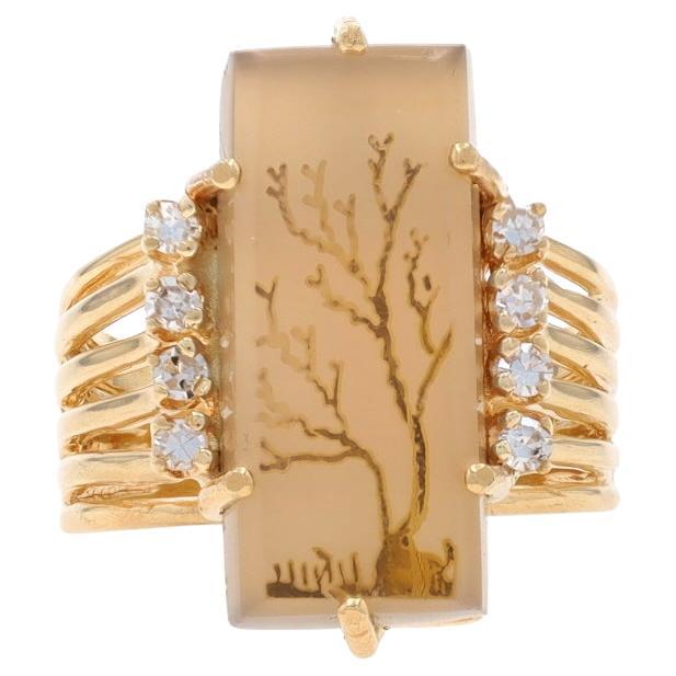 Yellow Gold Dendritic Agate & Diamond Vintage Tree Ring - 14k .16ctw Nature