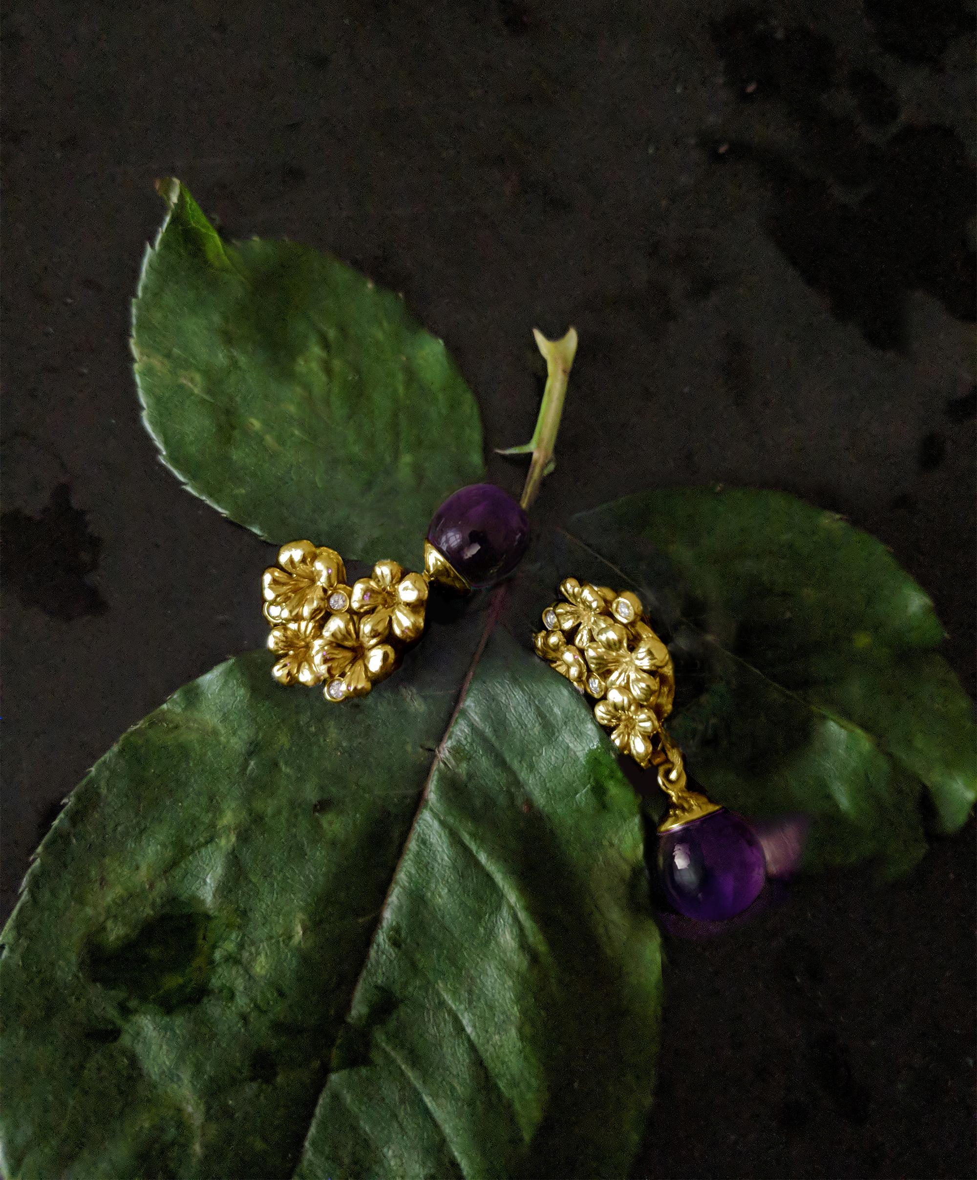 Artist Yellow Gold Designer Blossom Clip-on Earrings with Removable Drops of Amethysts For Sale