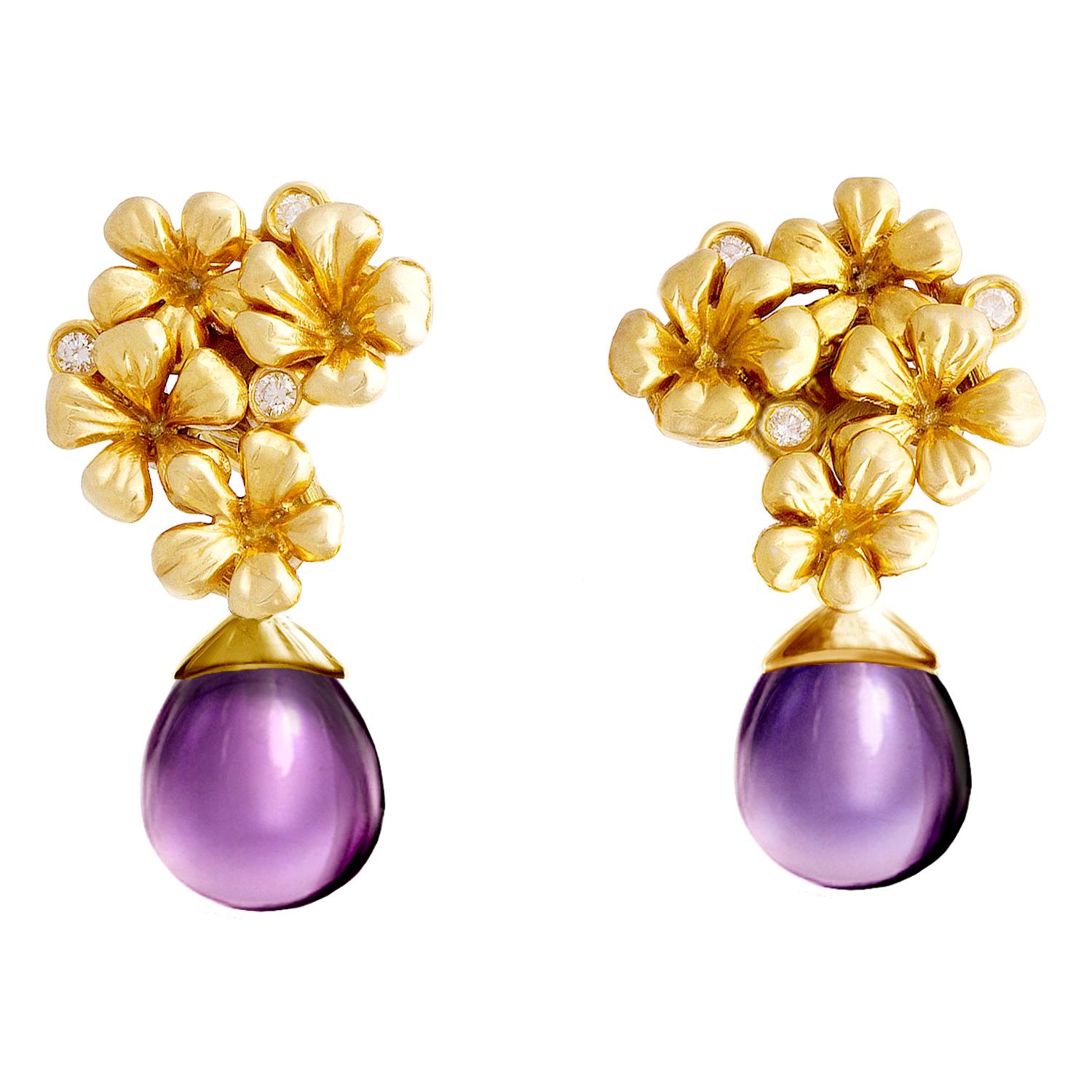 Yellow Gold Designer Blossom Clip-on Earrings with Removable Drops of Amethysts