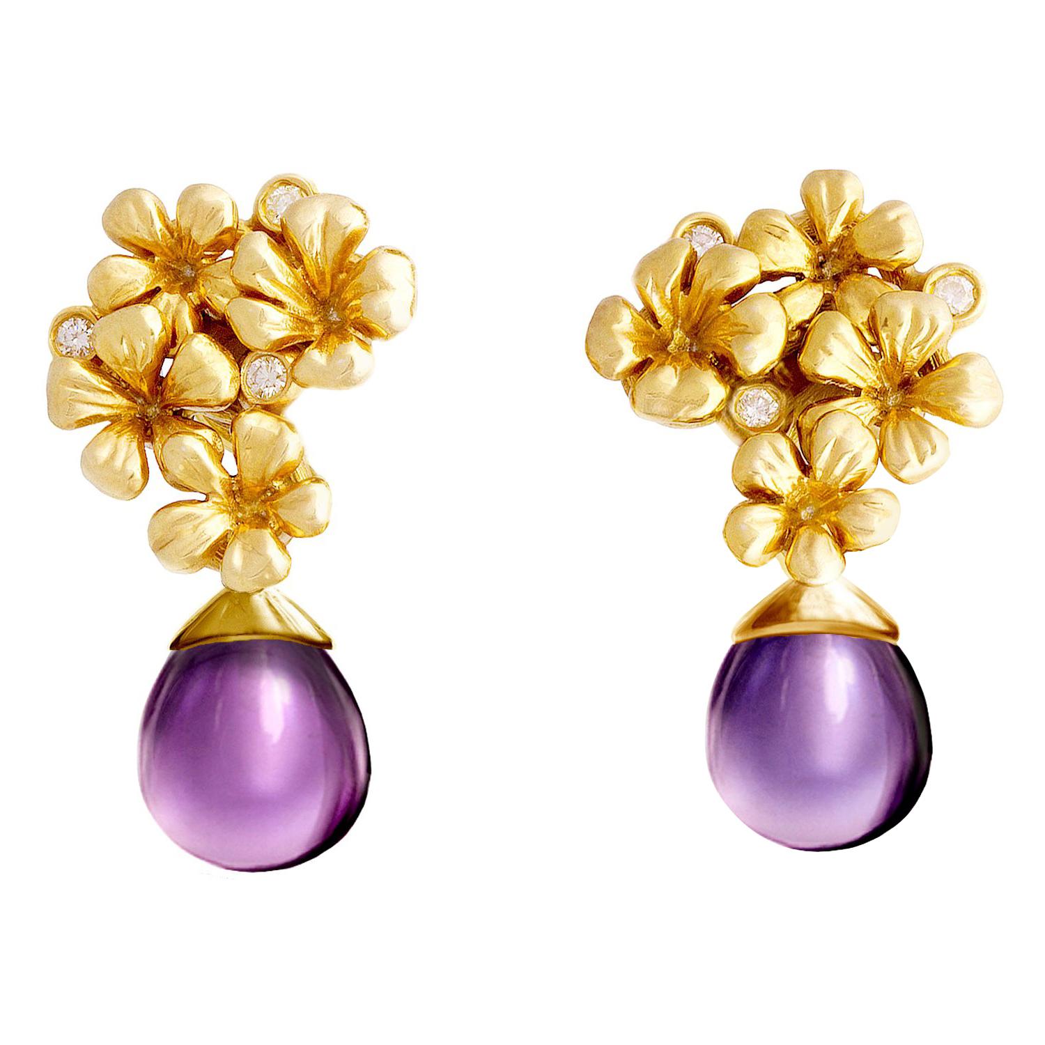 Yellow Gold Designer Blossom Earrings with Removable Drops of Amethysts For Sale
