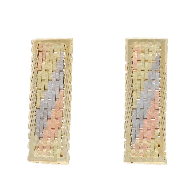 Metal Content: 14k Yellow Gold & 14k White Gold & 14k Rose Gold

Style: Drop
Theme: Diagonal Strip, Basket Weave
Features: Woven Design

Measurements

Tall: 13/16