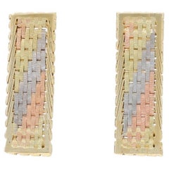 Yellow Gold Diagonal Stripe Drop Earrings 14k Basket Weave Pierced