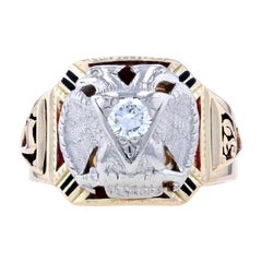 Vintage Yellow Gold Diamond 32nd Degree Scottish Rite Ring, 14k & Palladium Masonic Yod
