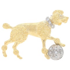 Vintage Yellow Gold Diamond-Accented Playful Poodle Brooch, 18k Dog Ball Pet Canine Pin