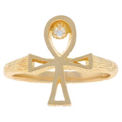 Yellow Gold Diamond Ahnk Ring 14k Single Eternal Life
