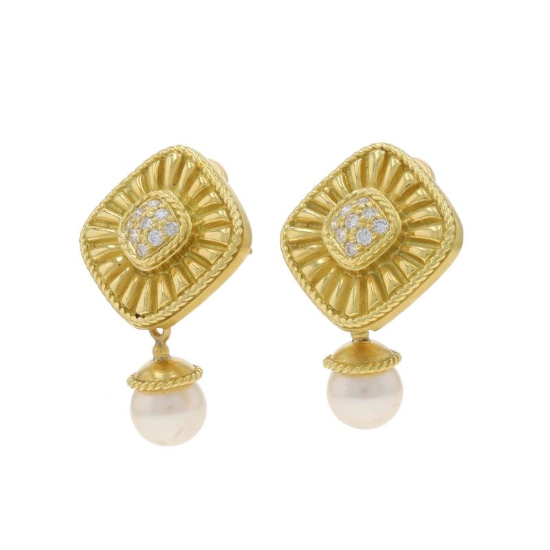 Boucles d'oreilles pendantes en or jaune avec diamants et perles d'Akoya 18k Round .27ctw Convertible Pour femmes en vente