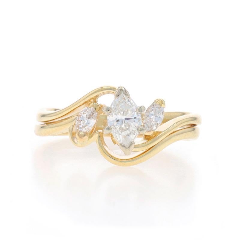 Size: 6
Sizing Fee: Up 2 1/2 sizes for $40 or Down 1 size for $30

Metal Content: 14k Yellow Gold & 14k White Gold

Stone Information
Natural Diamond
Carat(s): .34ct
Cut: Marquise
Color: G
Clarity: I1

Natural Diamonds
Carat(s): .16ctw
Cut: