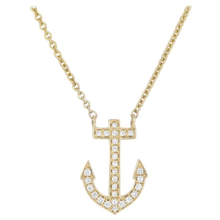 Yellow Gold Diamond Anchor Necklace, 14k Round Brilliant Cut .20ctw