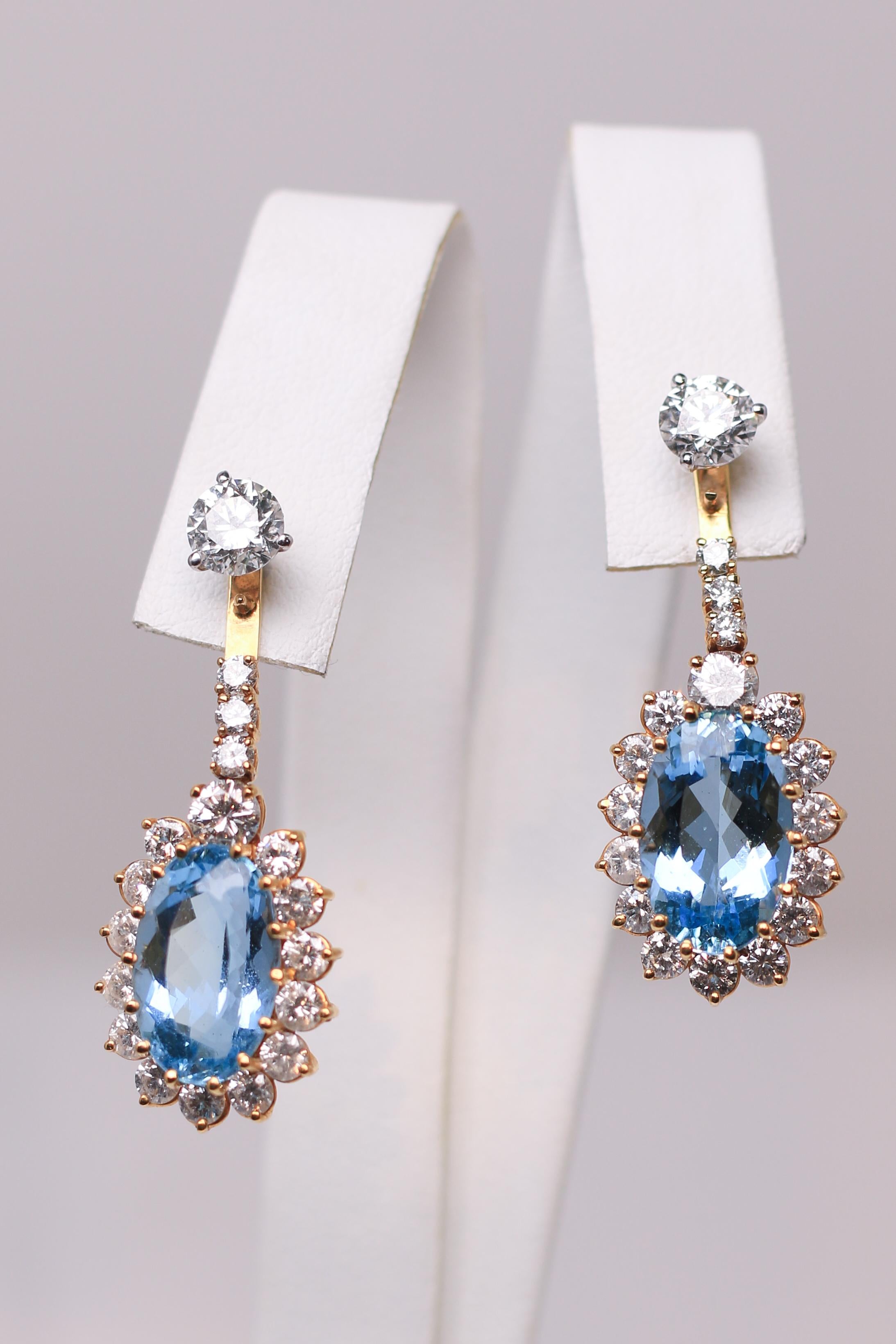 Modern Yellow Gold Diamond and Aquamarine Earrings