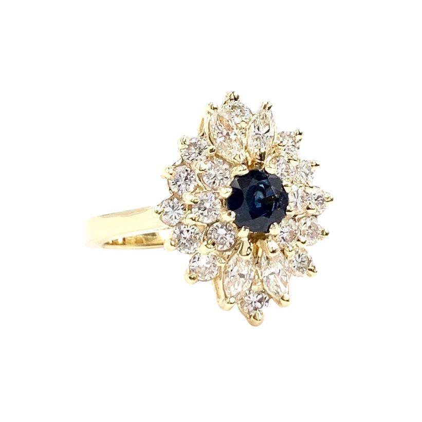 Yellow Gold Diamond and Blue Sapphire Cluster Ring For Sale