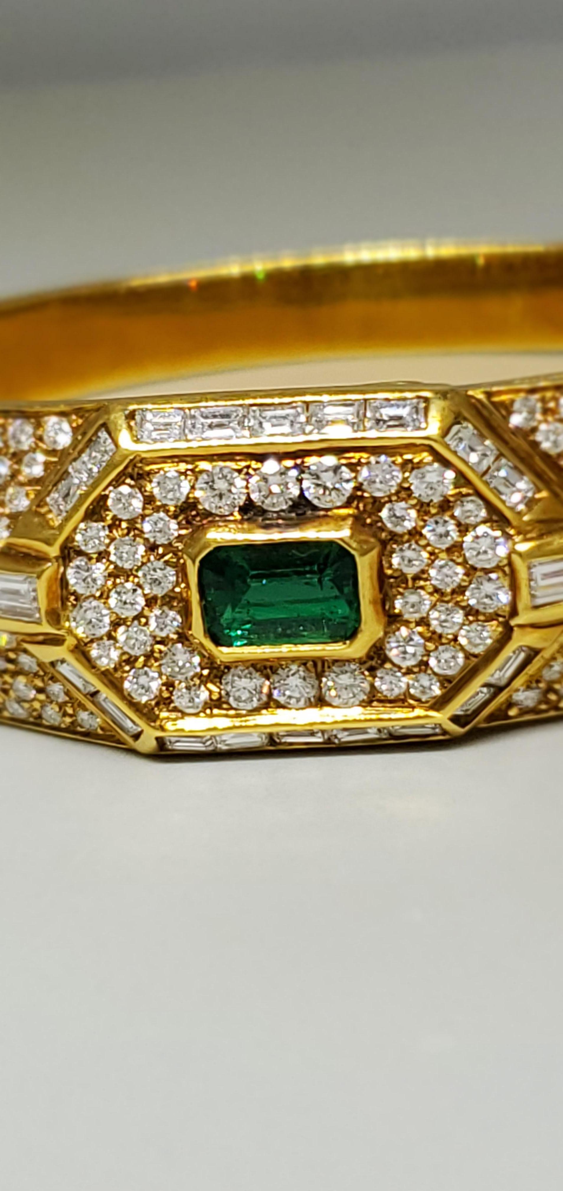 Square Cut Yellow Gold Diamond and Emerald Bangle For Sale