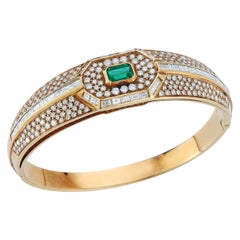 Yellow Gold Diamond and Emerald Bangle