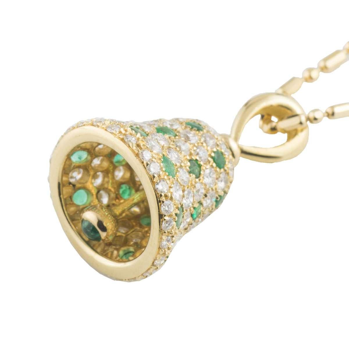 Yellow Gold Diamond and Emerald Bell Pendant Necklace In Excellent Condition In London, GB