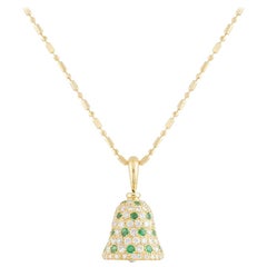 Yellow Gold Diamond and Emerald Bell Pendant Necklace