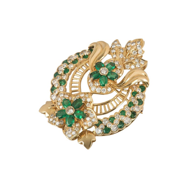 Belle Époque Yellow Gold Diamond and Emerald Floral Pendant Brooch