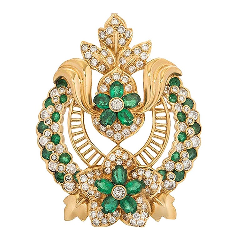 Yellow Gold Diamond and Emerald Floral Pendant Brooch