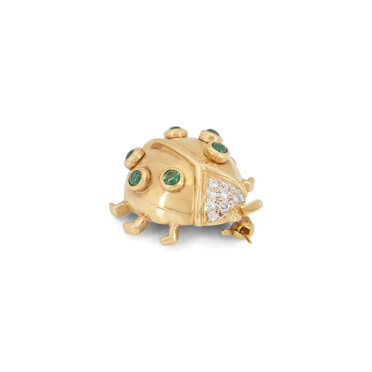 Round Cut Yellow Gold Diamond and Emerald Ladybird Brooch For Sale