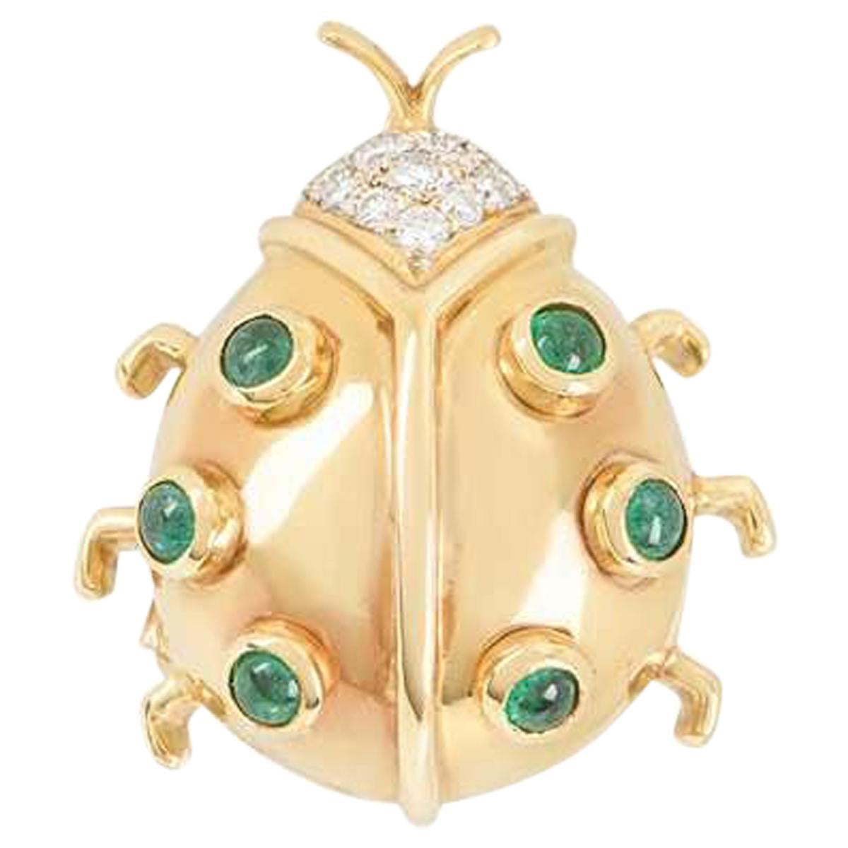 Yellow Gold Diamond and Emerald Ladybird Brooch