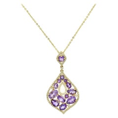 Yellow Gold Diamond and Large Amethyst Stones Saucer/ Teardrop Pendant Necklace