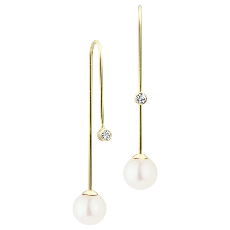 Yellow Gold Diamond and Pearl Hook Earrings For Sale