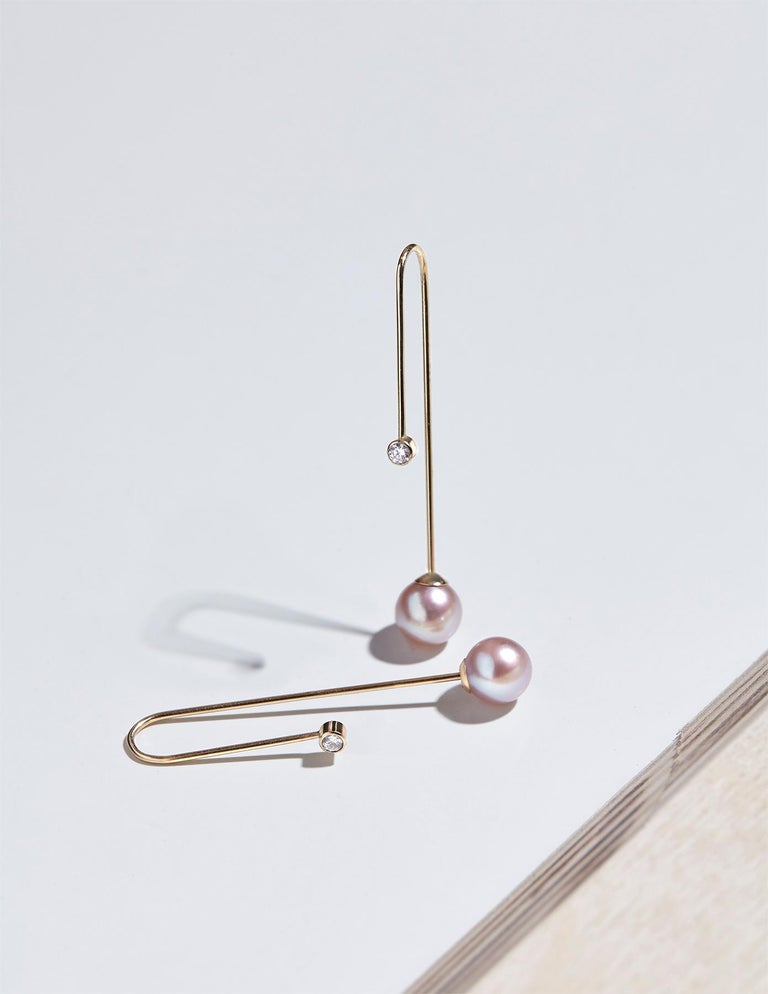 Contemporary Yellow Gold Diamond and Pearl Hook Earrings For Sale