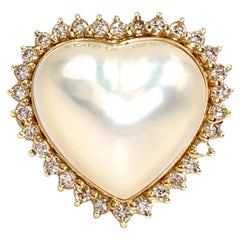 Retro Yellow Gold Diamond and Pearl Large Heart Ring