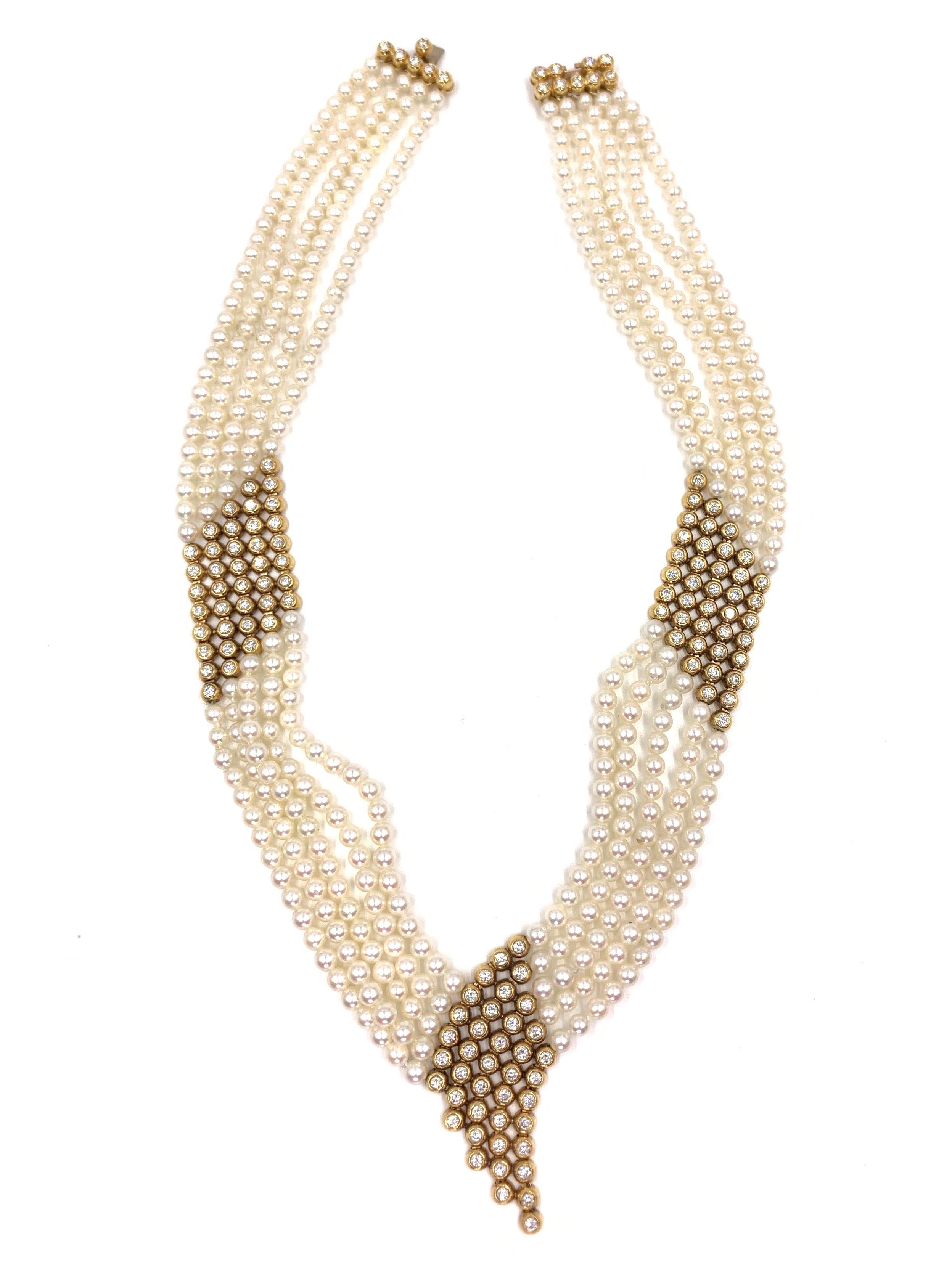 Round Cut Yellow Gold Diamond and Pearl Multi-Strand Necklace For Sale