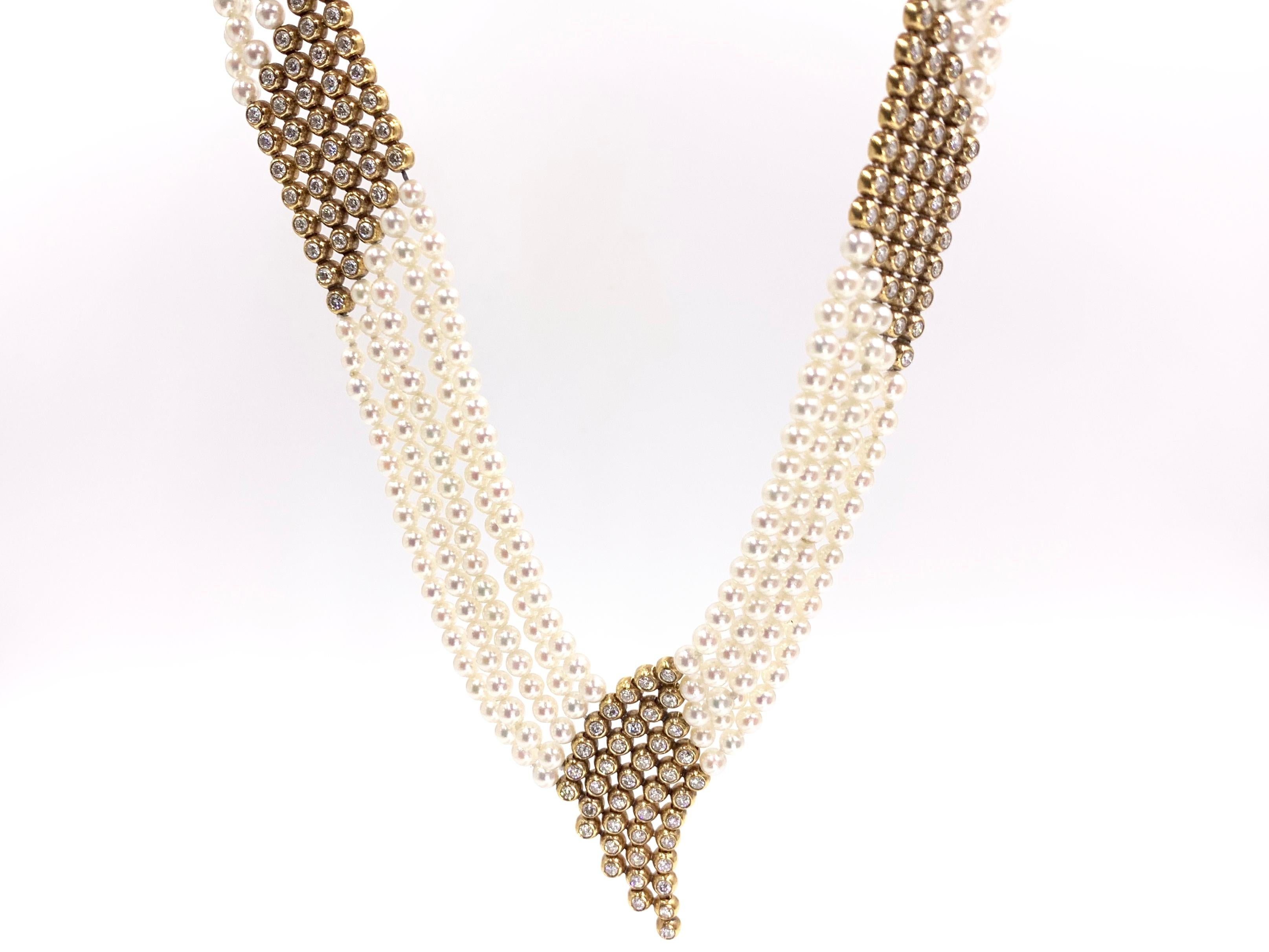 Women's Yellow Gold Diamond and Pearl Multi-Strand Necklace For Sale