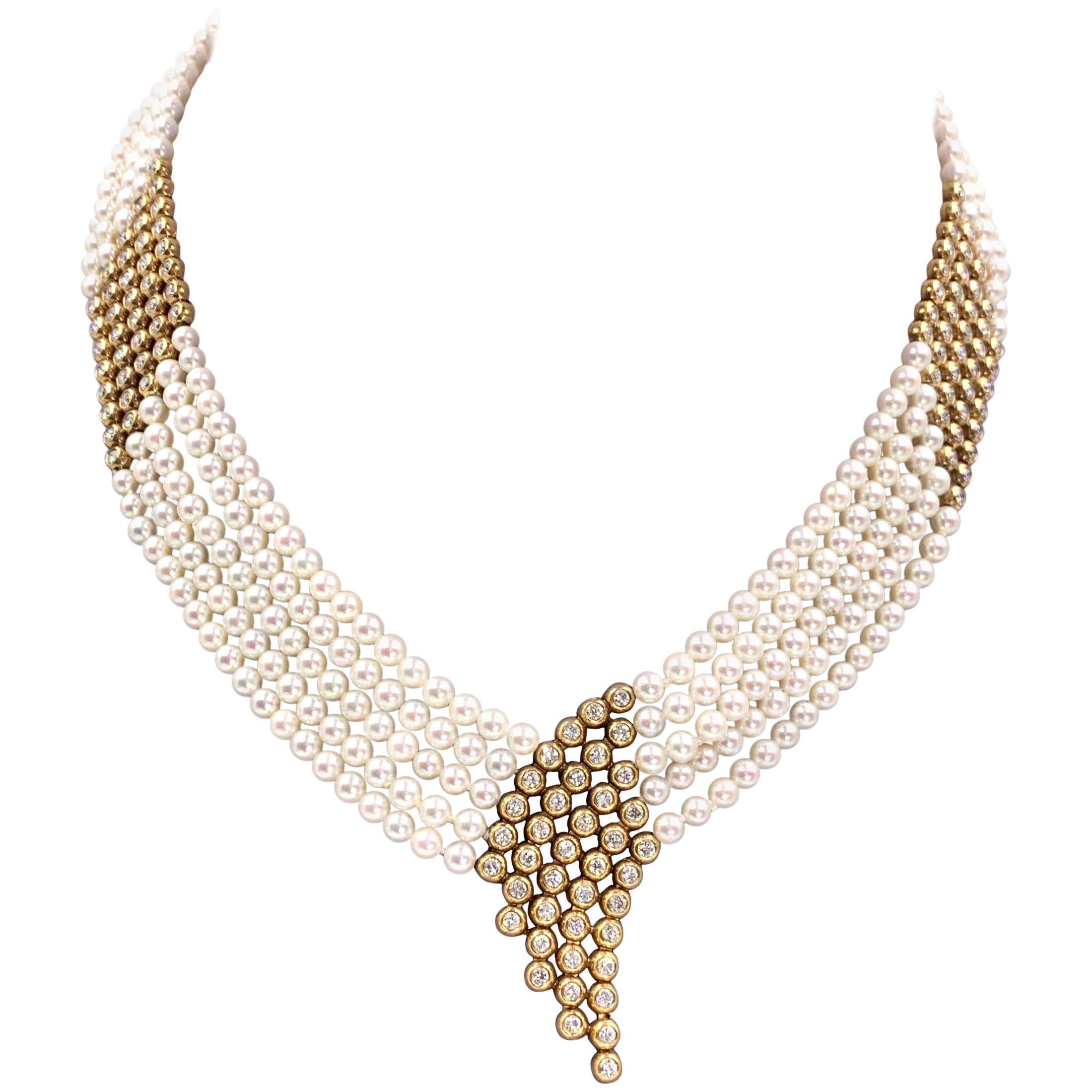 Yellow Gold Diamond and Pearl Multi-Strand Necklace For Sale