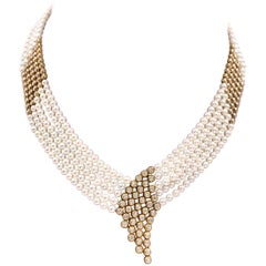 Vintage Yellow Gold Diamond and Pearl Multi-Strand Necklace
