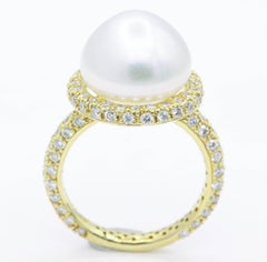 Three Row Diamond Pearl Cocktail Ring 1.57 Carats 18 Karat Yellow Gold 13MM