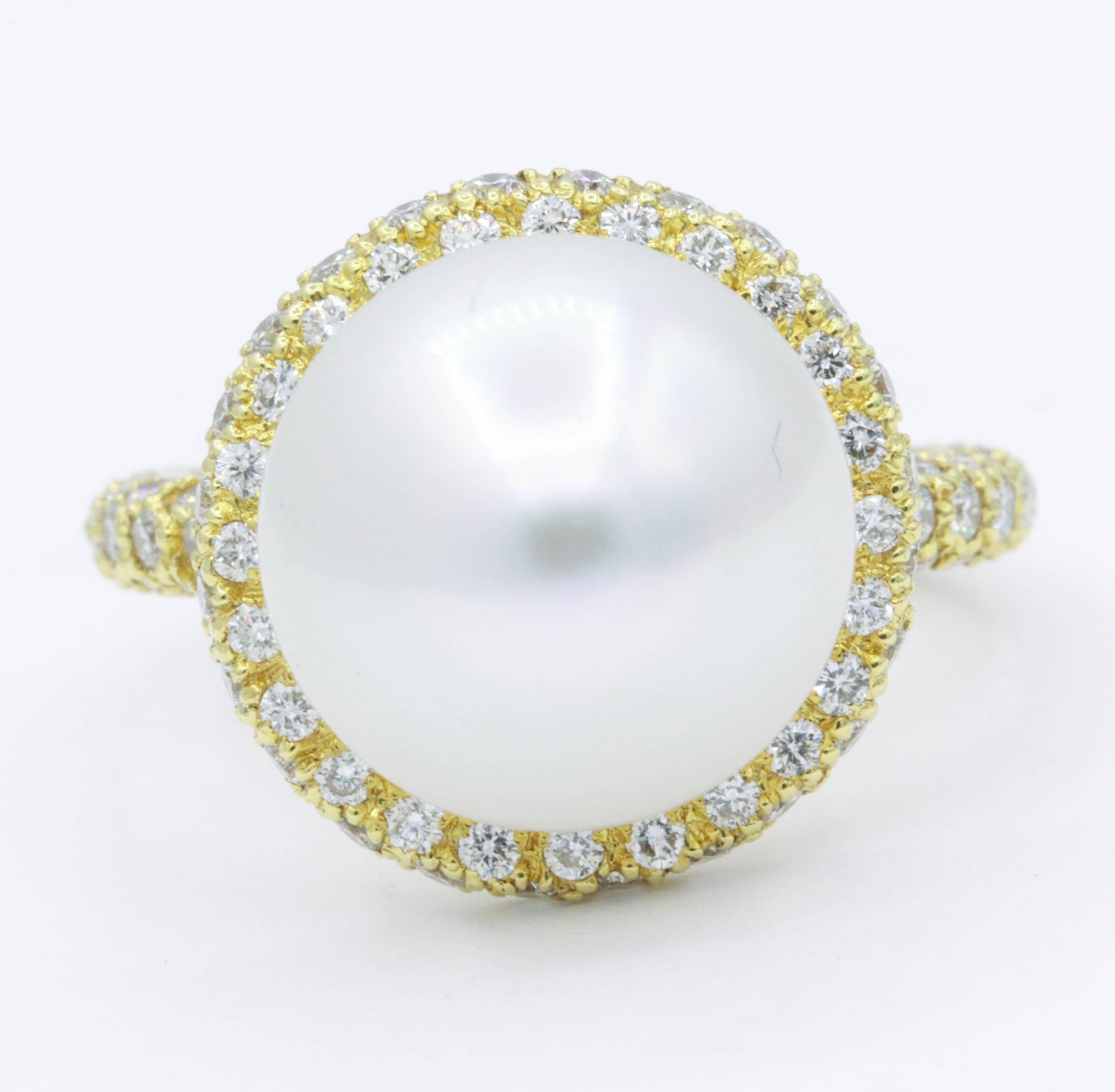 Contemporary Yellow Gold Diamond and Pearl Ring, 1.57 Carat For Sale